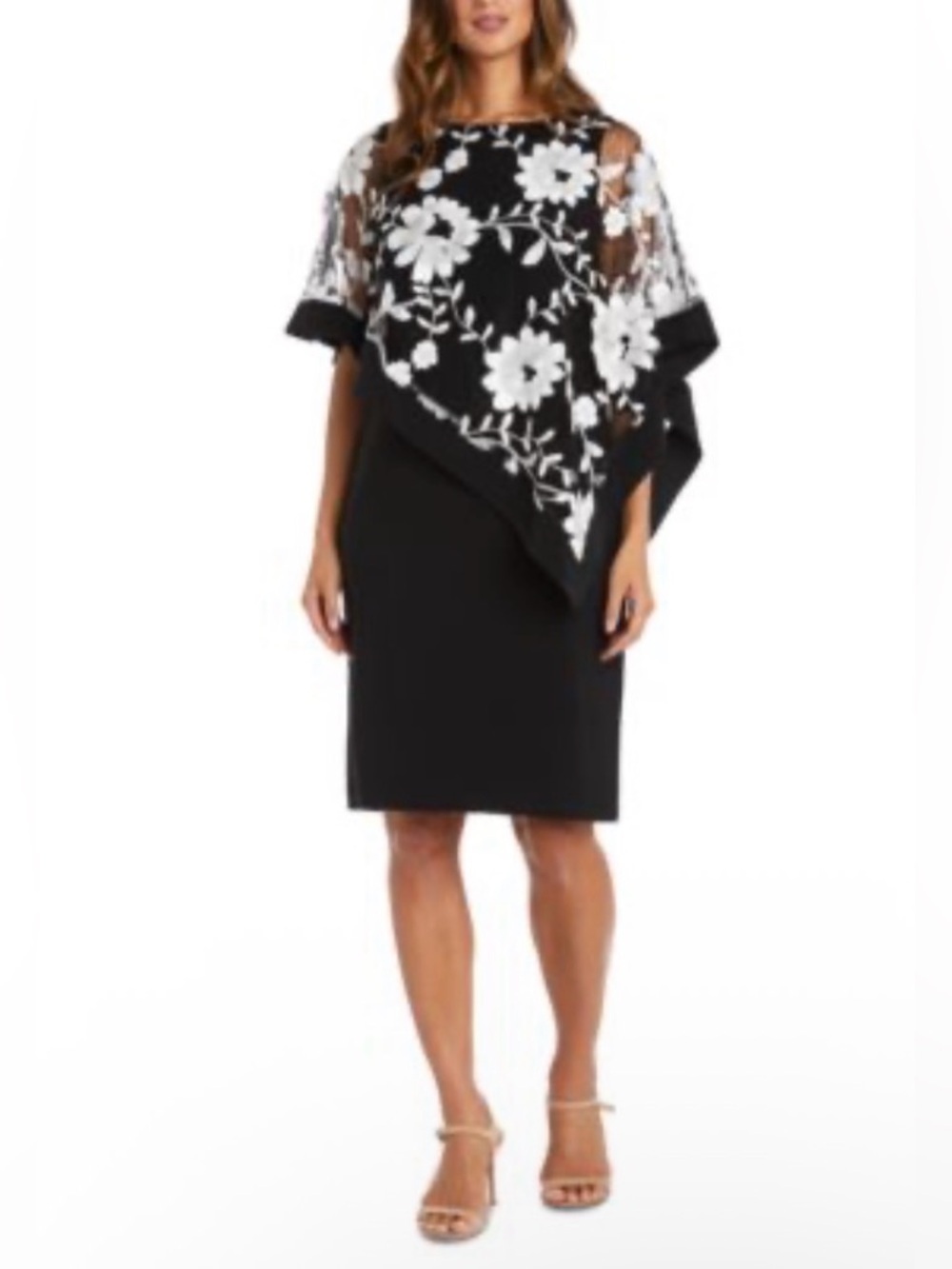 R&M Richards Black White Sequined Floral Sheer Poncho Sheath Dress Size 8 EEUC